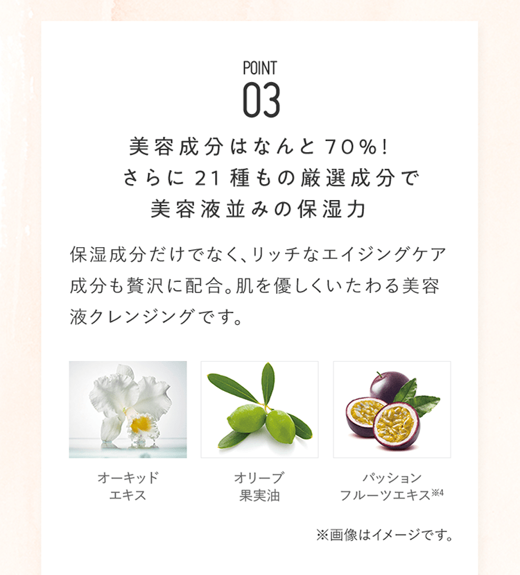 POINT03 美容成分はなんと70％！さらに21種もの厳選成分で美容液並みの保湿力 保湿成分だけでなく、リッチなエイジングケア成分も贅沢に配合。肌を優しくいたわる美容液クレンジングです。 | [オーキッドエキス][オリーブ果実油][パッションフルーツエキス※4] ※画像はイメージです。