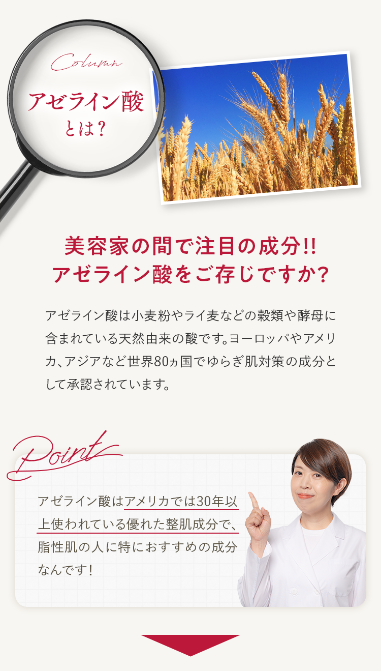 アゼライン酸とは？美容家の間で注目の成分！！アゼライン酸をご存じですか？アゼライン酸は小麦粉やライ麦などの穀類や酵母に含まれている天然由来の酸です。ヨーロッパやアメリカ、アジアなど世界80ヵ国でゆらぎ肌対策の成分として承認されています。Point アゼライン酸はアメリカでは30年以上使われている優れた整肌成分で、脂性肌の人に特におすすめの成分なんです！