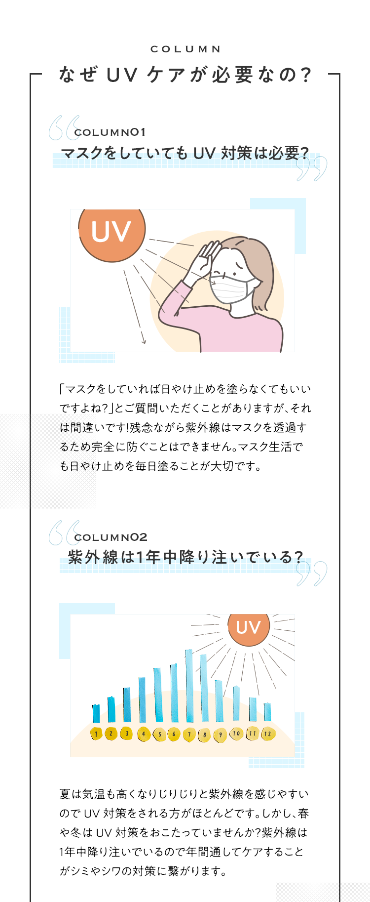 COLUMN なぜUVケアが必要なの？ COLUMN01 マスクをしていてもUV対策は必要？ COLUMN02 紫外線は１年中降り注いでいる？