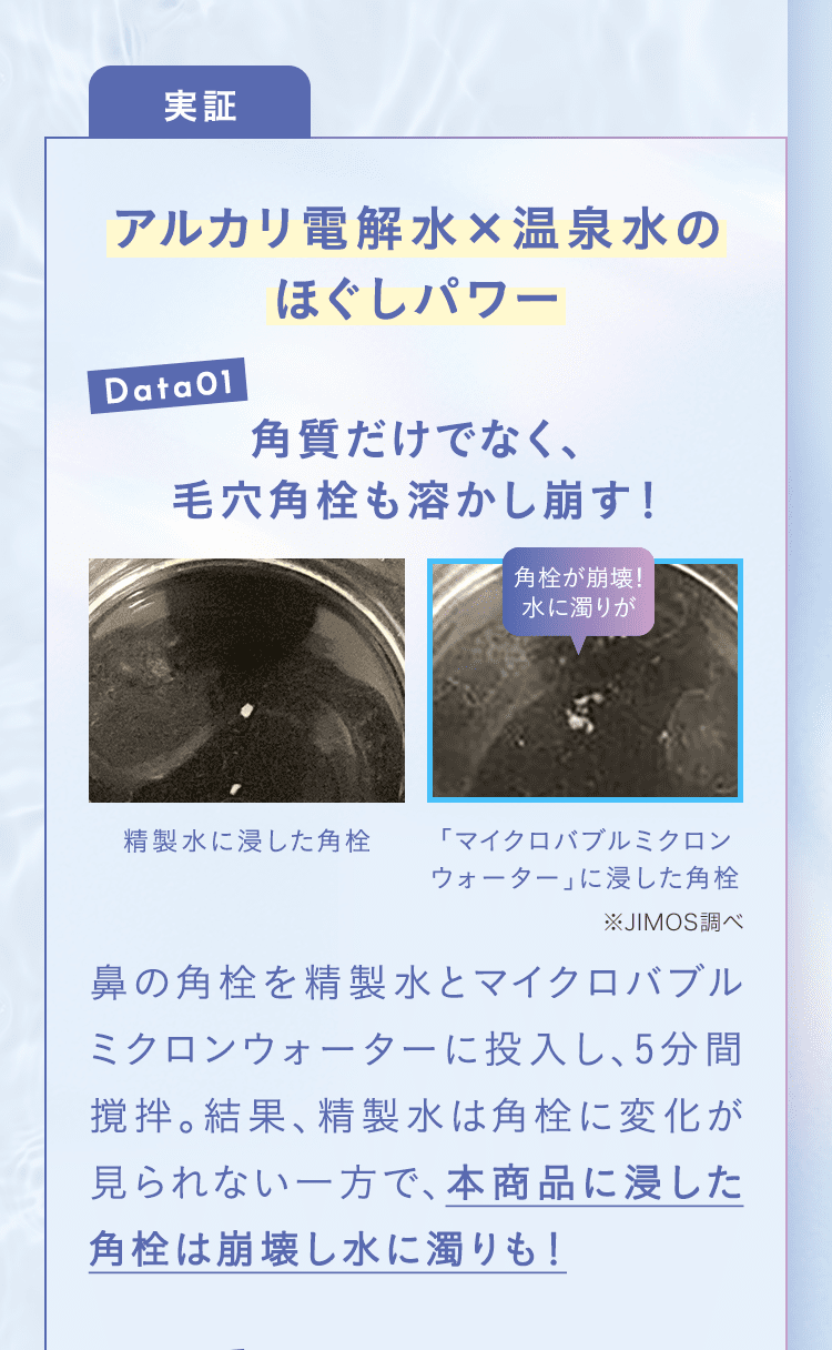 [実証]アルカリ電解水×温泉水のほぐしパワー 角質だけでなく、毛穴角栓も溶かし崩す！