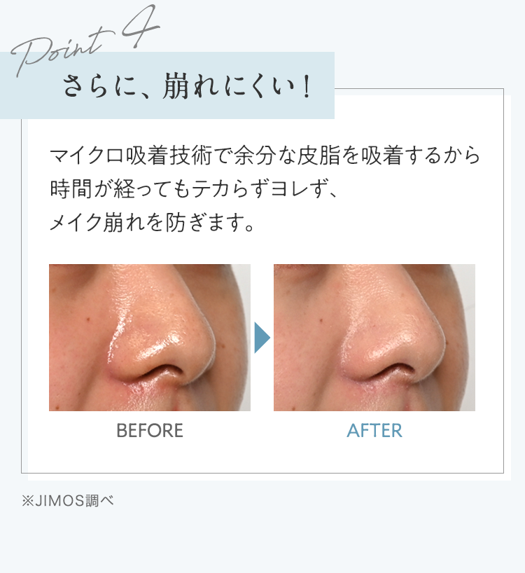 Point4 さらに、崩れにくい！ マイクロ吸着技術で余分な皮脂を吸着するから時間が経ってもテカらずヨレず、メイク崩れを防ぎます。