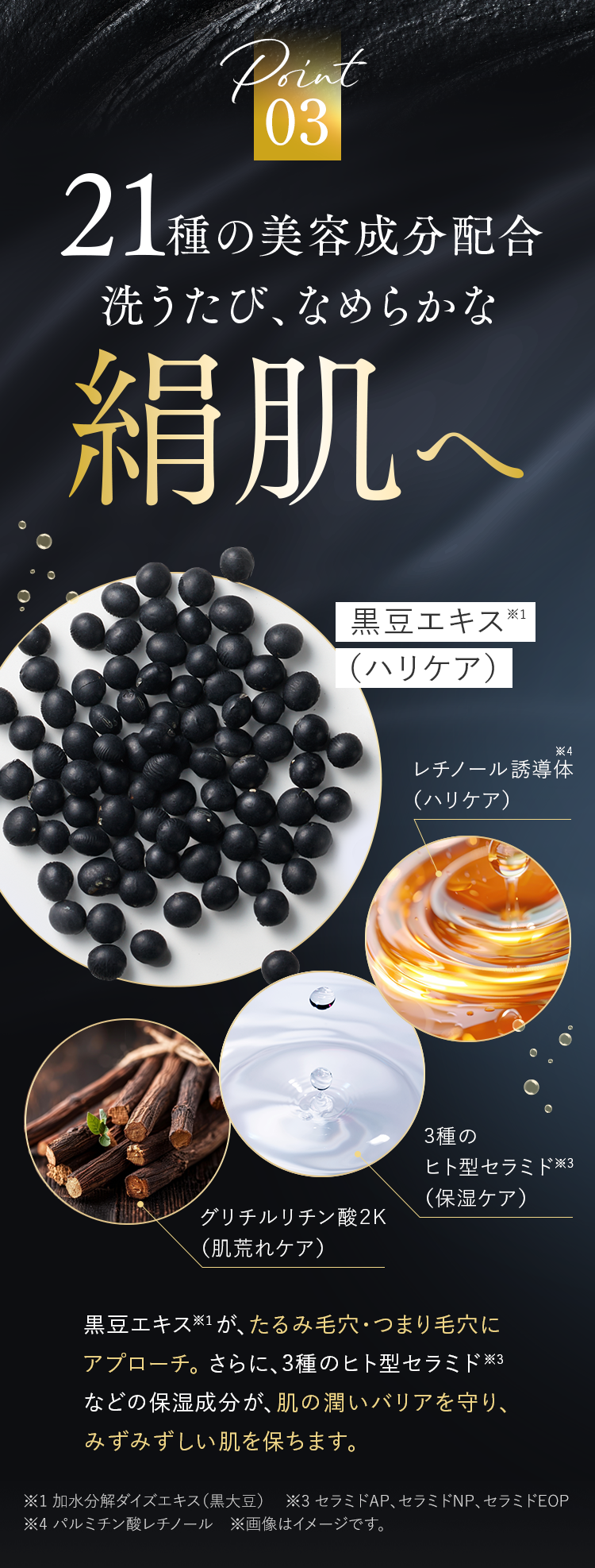 Point03 21種の美容成分配合 洗うたび、なめらかな絹肌へ