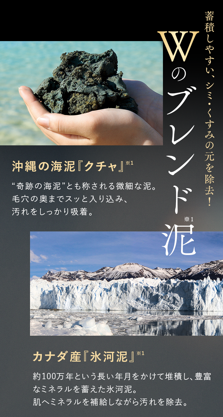 蓄積しやすい、シミ・くすみの元を除去！Wのブレンド泥｜沖縄の海泥「クチャ」・カナダ産「氷河泥」