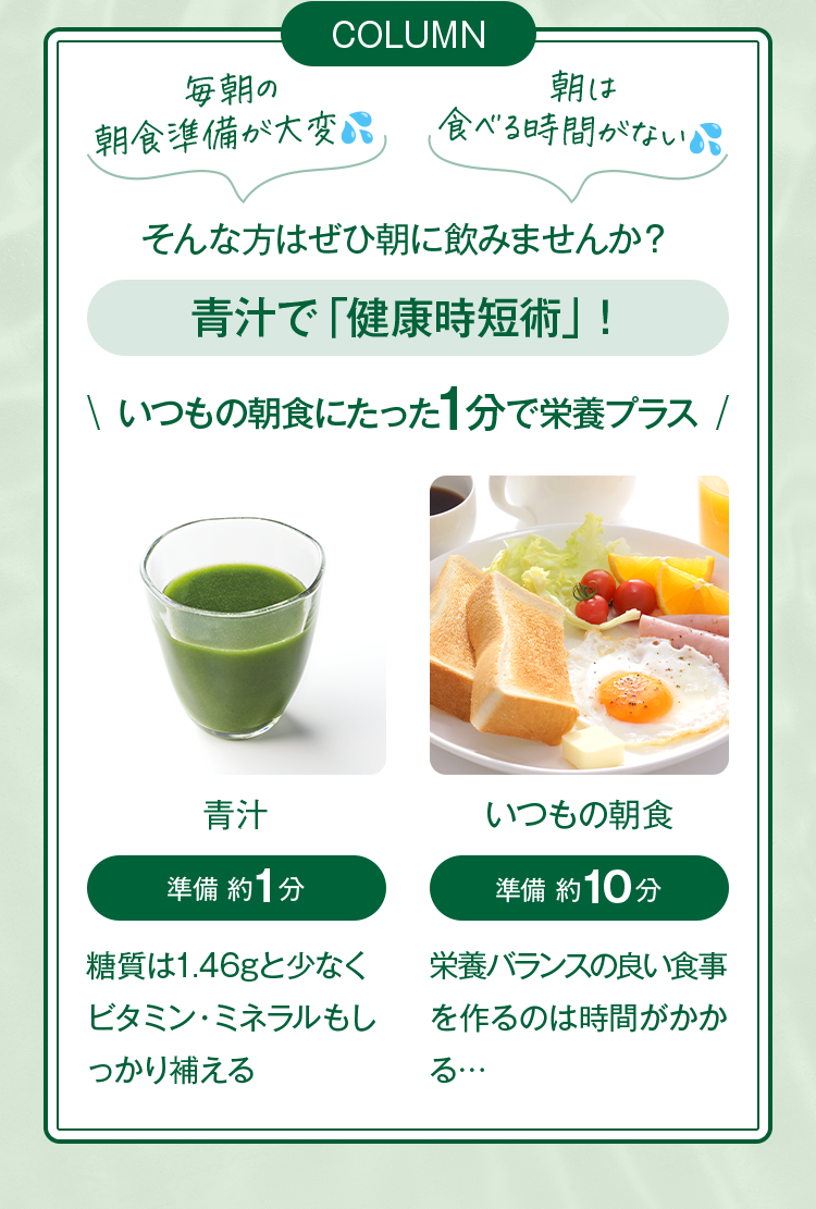 青汁で「健康時短術」！いつもの朝食にたった1分で栄養プラス
