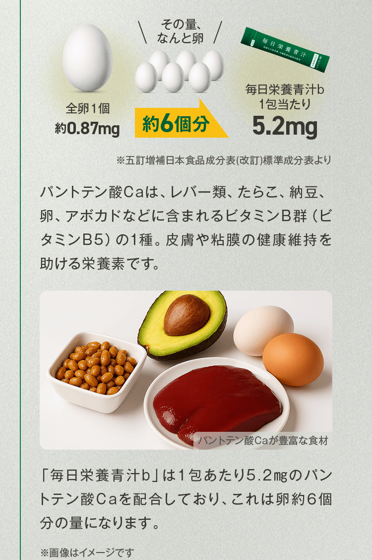 パントテン酸Caは、レバー類、たらこ、納豆、卵、アボカドなどに含まれるビタミンB群（ビタミンB5）の1種。皮膚や粘膜の健康維持を助ける栄養素です。