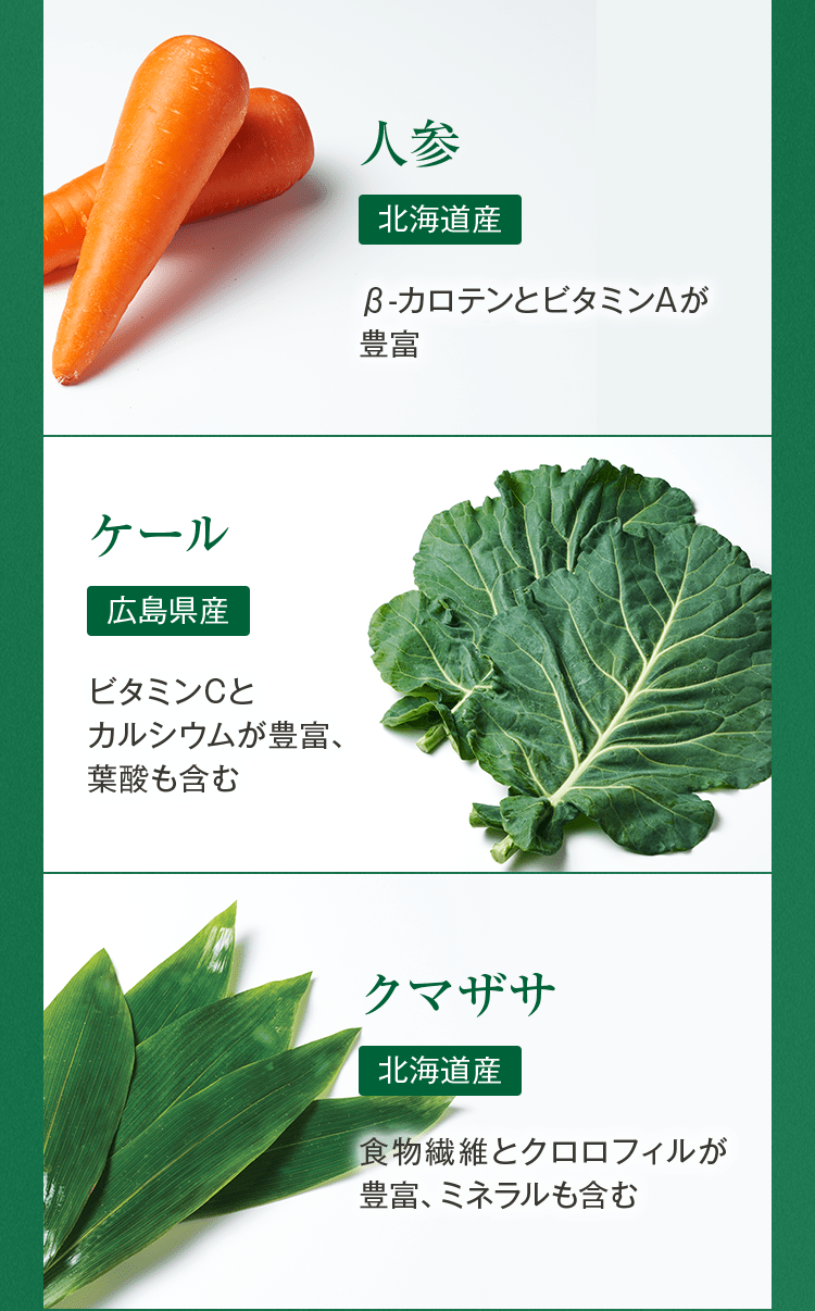・人参[北海道産]・ケール[広島県産]・クマザサ[北海道産]