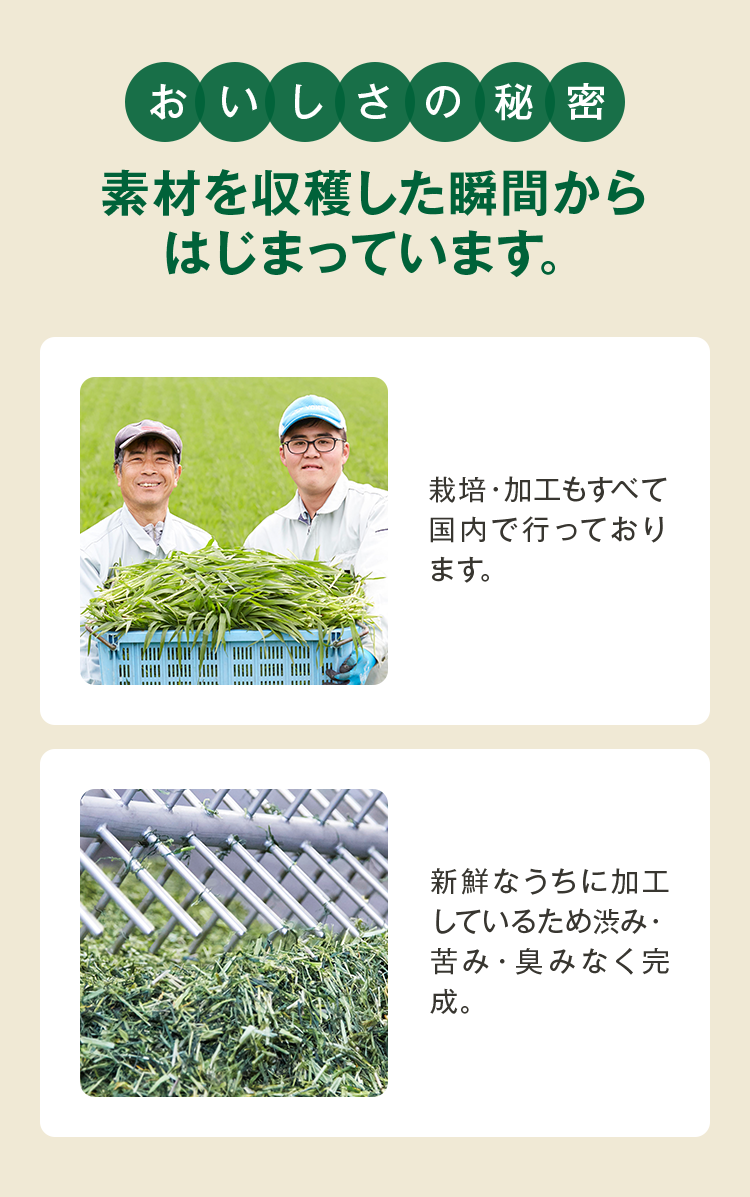 おいしさの秘密 素材を収穫した瞬間からはじまっています。