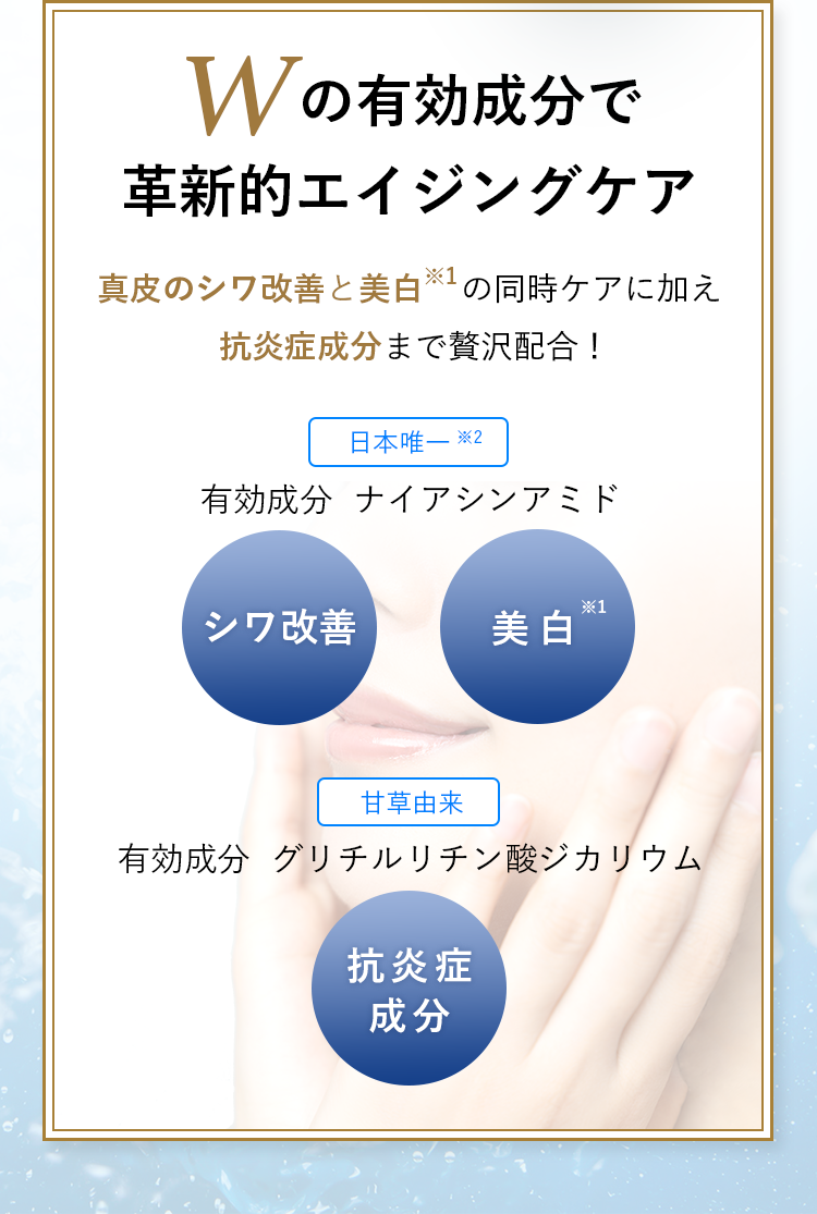 Wの有効成分で革新的エイジングケア　真皮のシワ改善と美白※1の同時ケアに加え抗炎症成分まで贅沢配合！