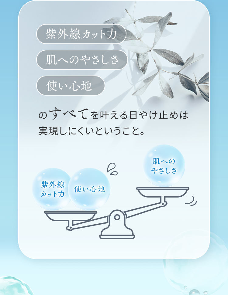 紫外線カット力・肌へのやさしさ・使い心地のすべてを叶える日やけ止めは実現しにくいということ。