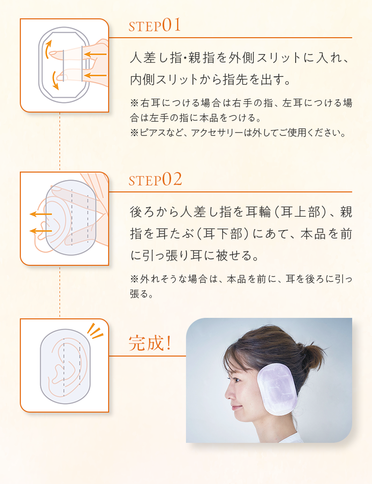 STEP01 人差し指・親指を外側スリットに入れ、内側スリットから指先を出す。 STEP02 後ろから人差し指を耳輪（耳上部）、親指を耳たぶ（耳下部）にあて、本品を前に引っ張り耳に彼せる。