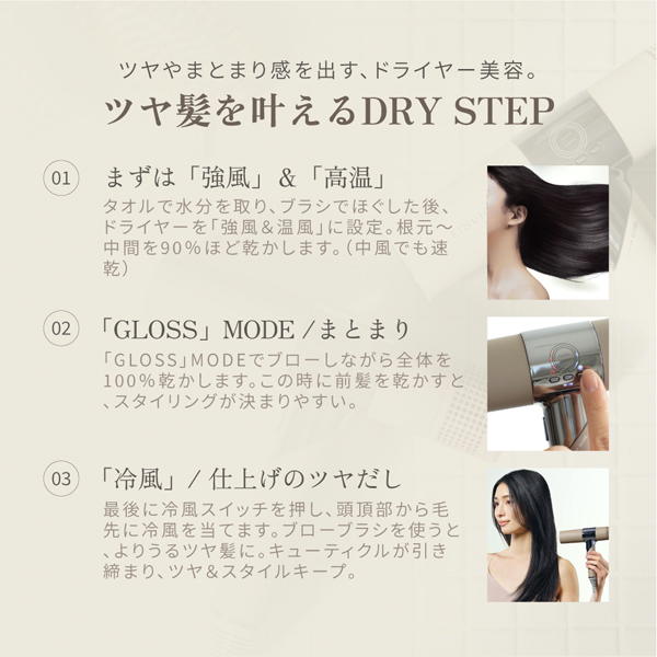 ツヤ髪を叶えるDRY STEP 01.まずは「強風」＆「高温」 02.「GLOSS」MODE/まとまり 03.「冷風」/仕上げのツヤだし