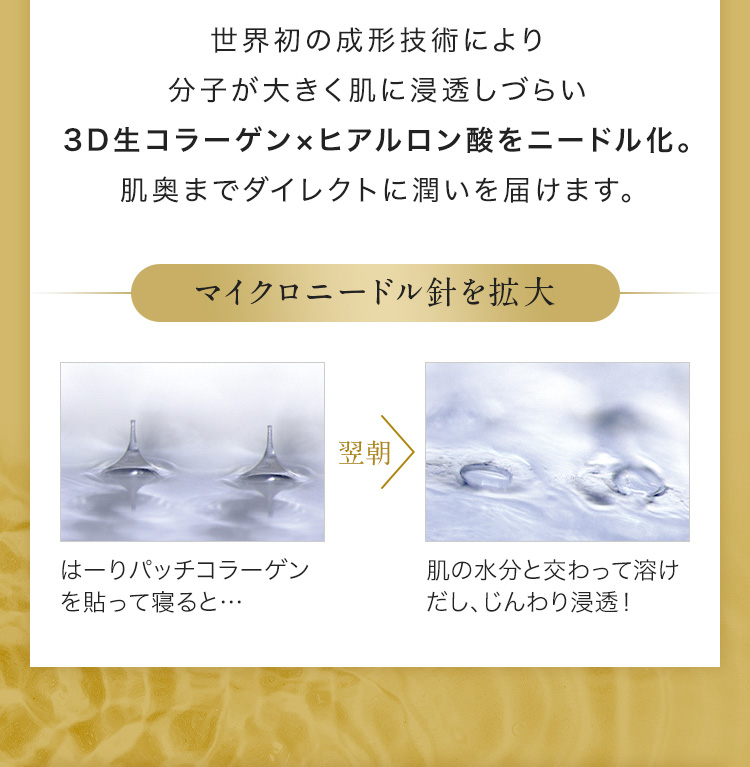 世界初の成形技術により分子が大きく肌に浸透しづらい3D生コラーゲン×ヒアルロン酸をニードル化。肌奥までダイレクトに潤いを届けます。