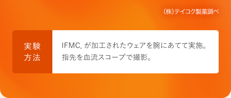 実験方法：IFMC．が加工されたウェアを腕にあてて実施。指先を血流スコープで撮影。