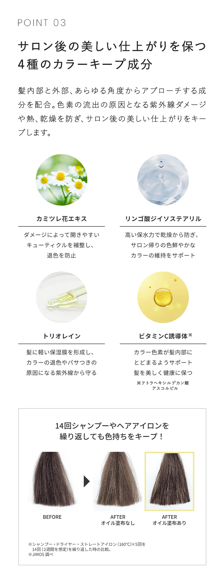 POINT 03 サロン後の美しい仕上がりを保つ４種のカラーキープ成分