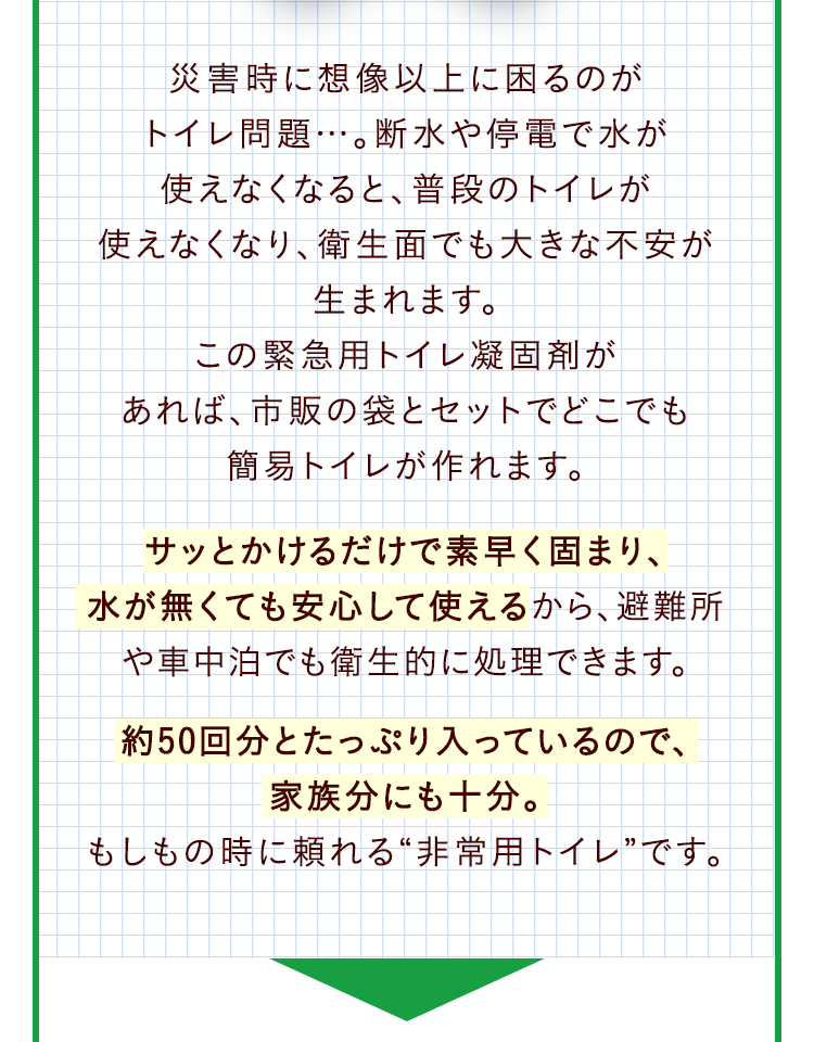 災害時に想像以上に困るのがトイレ問題…。断水や停電で水が使えなくなると、普段のトイレが使えなくなり、衛生面でも大きな不安が生まれます。この緊急用トイレ凝固剤があれば、市販の袋とセットでどこでも簡易トイレが作れます。サッとかけるだけで素早く固まり、水が無くても安心して使えるから、避難所や車中泊でも衛生的に処理できます。約50回分とたっぷり入っているので、家族分にも十分。もしもの時に頼れる“非常用トイレ”です。