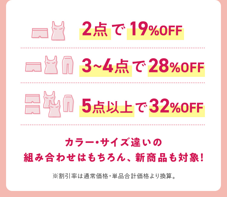 2点で19%OFF 3~4点で28%OFF 5点以上で32%OFF カラー・サイズ違いの組み合わせはもちろん、新商品も対象！