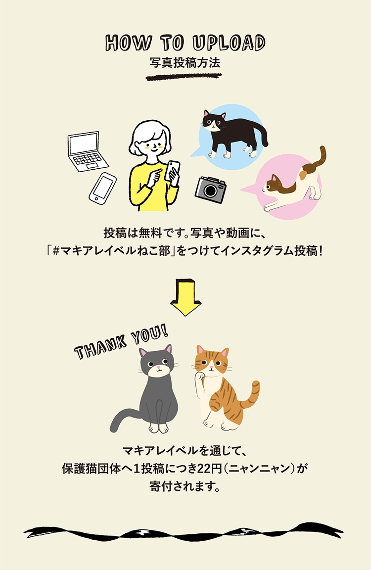 HOW TO UPLOAD 写真投稿方法 | 投稿は無料です。写真や動画に、「#マキアレイベルねこ部」をつけてインスタグラム投稿! マキアレイベルを通じて、保護猫団体へ1投稿につき22円(ニャンニャン)が寄付されます。