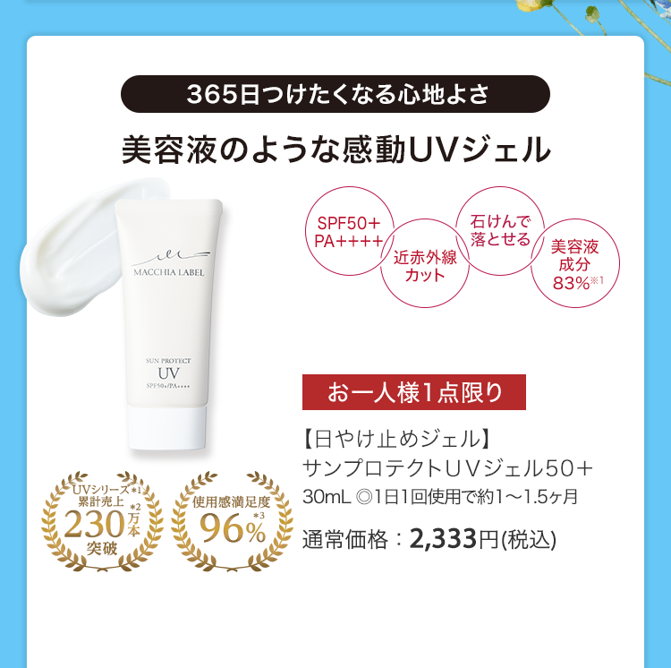 【日やけ止めジェル】サンプロテクトＵＶジェル50＋ 30mL ◎1日1回使用で約1～1.5ヶ月 通常価格：2,333円(税込)