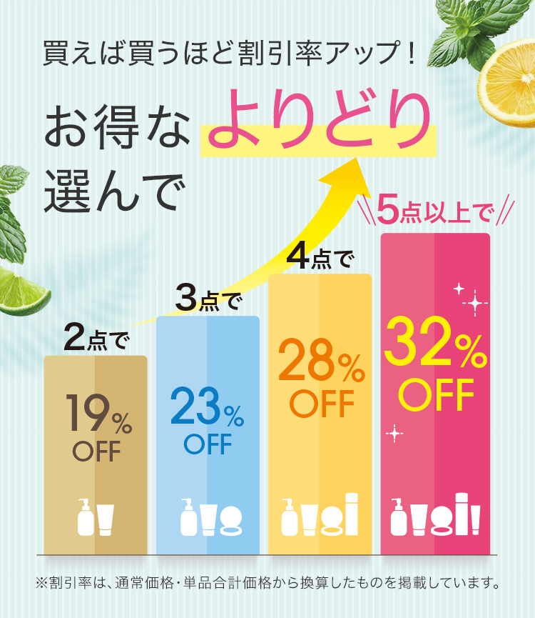 買えば買うほど割引率アップ！お得なよりどり選んで 2点で19% OFF・3点で23%OFF・4点で28%OFF・5点以上で32%OFF