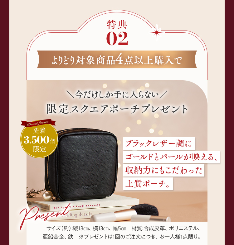 特典02 よりどり対象商品4点以上購入で 今だけしか手に入らない限定スクエアポーチプレゼント